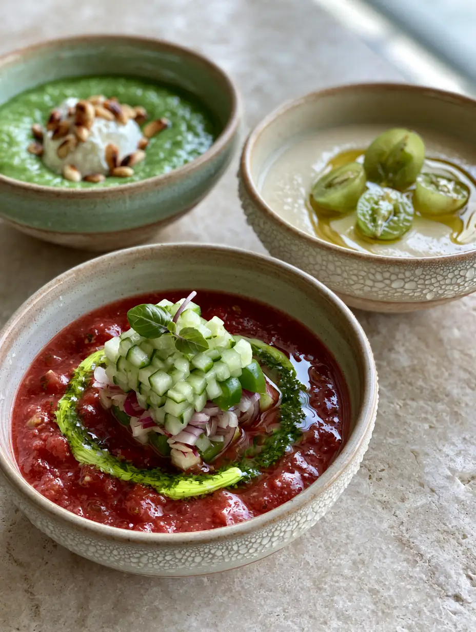 A trio of elegant ceramic bowls containing different vibrant summer soups on a stone surface with cold condensation droplets.