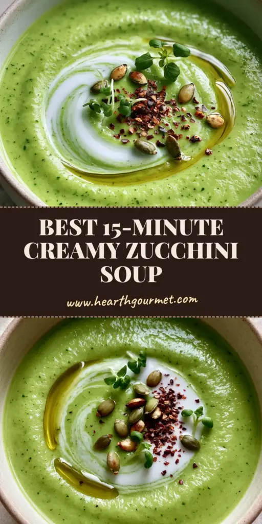 A gourmet zucchini soup recipe featuring a vibrant green puree with a white coconut milk swirl, pepitas, and micro-basil in a ceramic bowl.