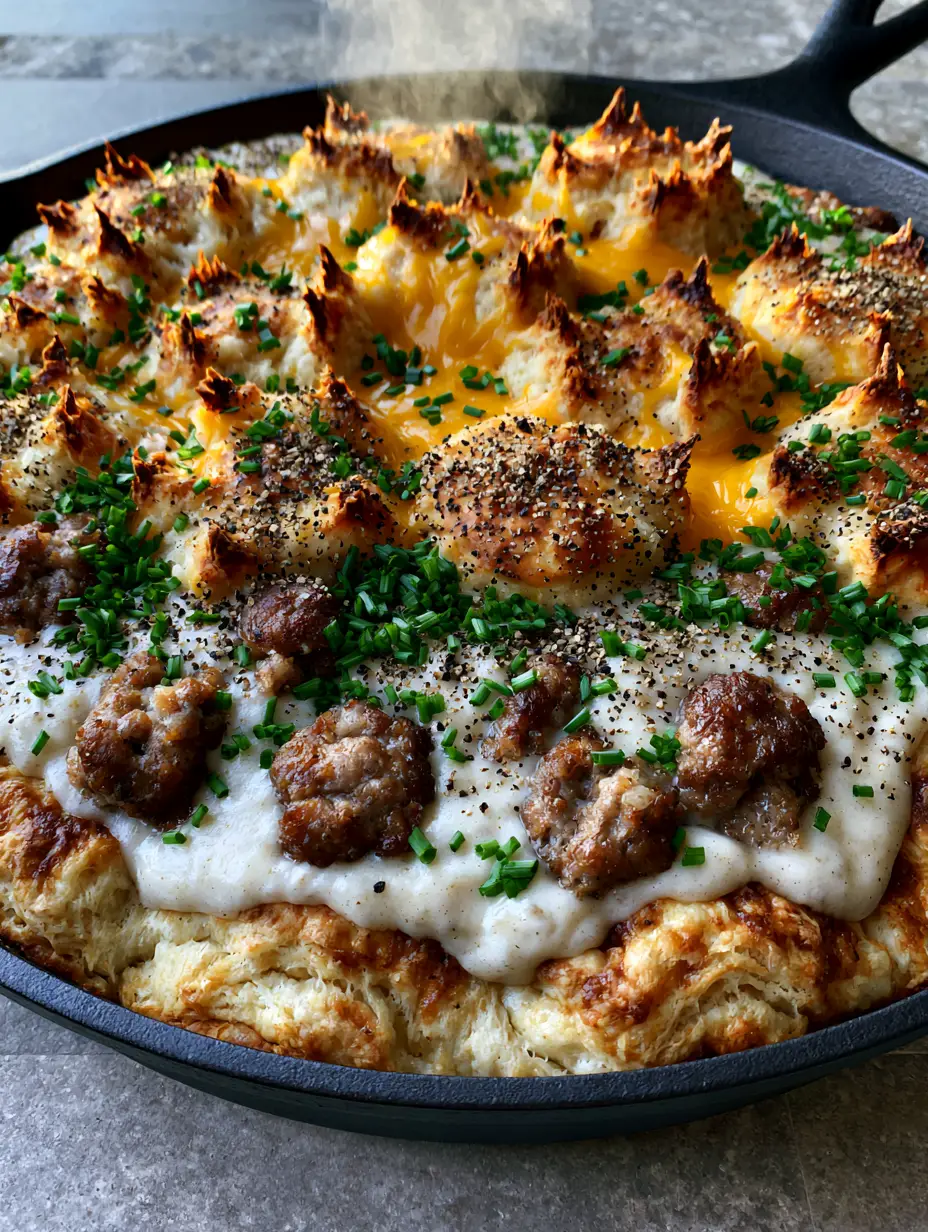 Close-up of flaky biscuit layers and thick sausage gravy in a Biscuits and gravy pie.