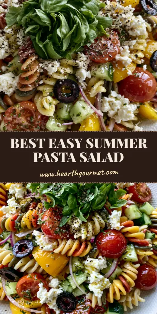 A vertical hero shot of a vibrant Summer Pasta Salad featuring tri-color rotini, yellow peppers, and feta in a white bowl. (Summer Pasta Salad)
