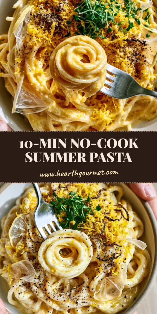 A top-down view of a vibrant summer pasta in a ceramic bowl, featuring spaghetti in a creamy lemon sauce with micro-basil and lemon wheels. (summer pasta)