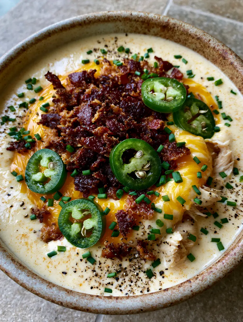 Ultra-close-up of ivory Jalapeno Popper Soup broth with shredded chicken and dark bacon crumbles. (Jalapeno Popper Soup)