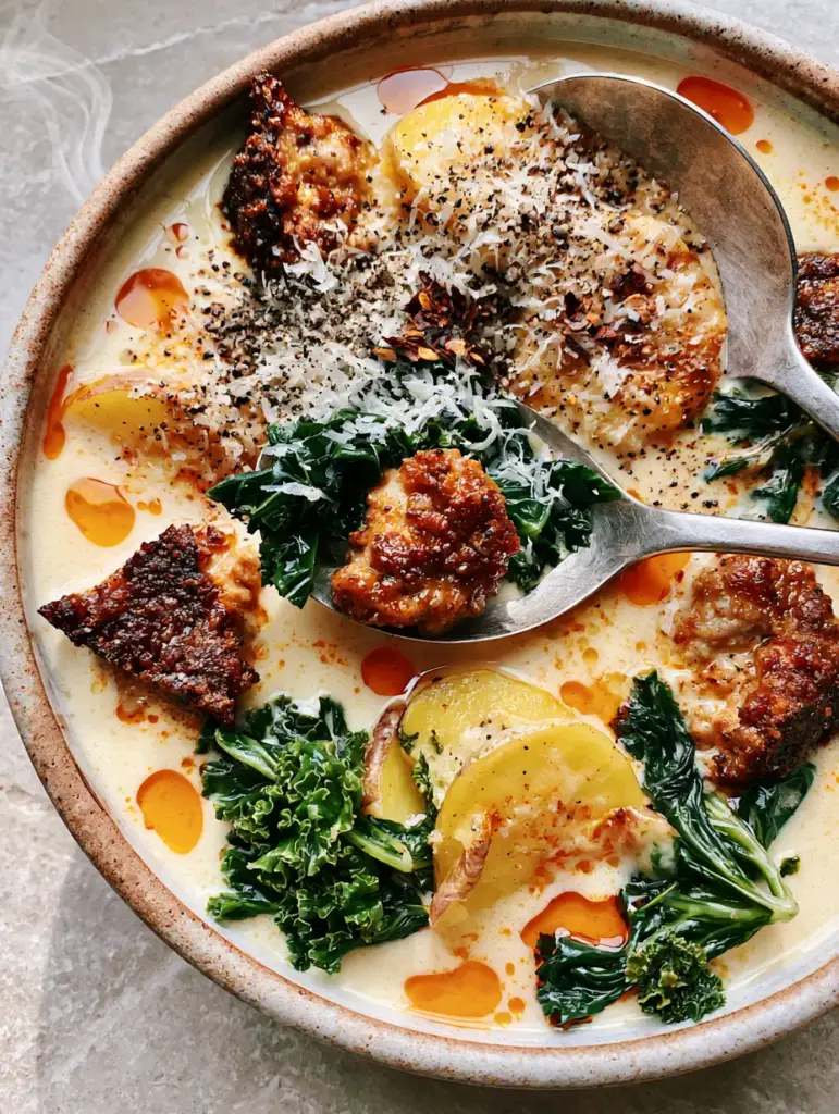 Italian Sausage Potato Soup: A Creamy One-Pot Tuscan Masterpiece 1 Close up of a spoon lifting sausage and kale from a bowl of Italian Sausage Potato Soup.