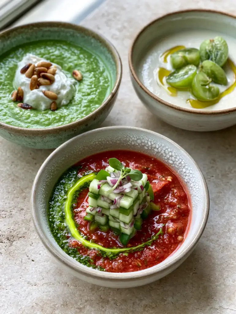 Close up of a deep red heirloom tomato gazpacho topped with finely diced cucumber and a neon-green herb oil swirl.