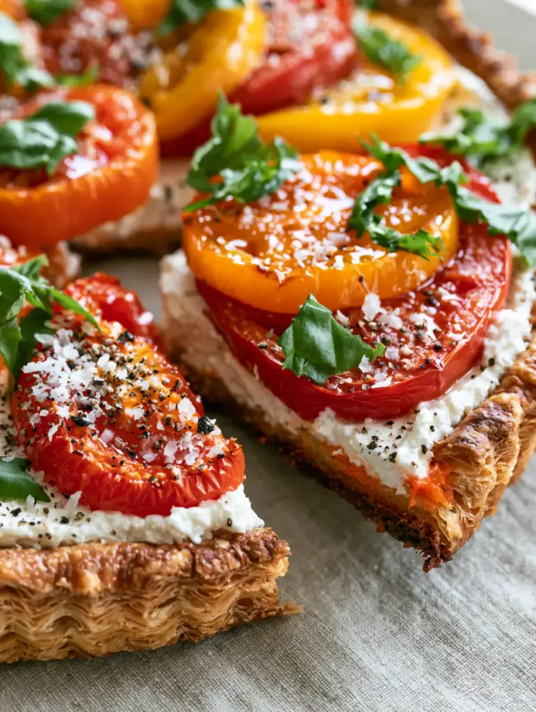 Hyper-realistic close-up of blistered heirloom tomatoes glistening with olive oil and topped with fresh emerald green basil.