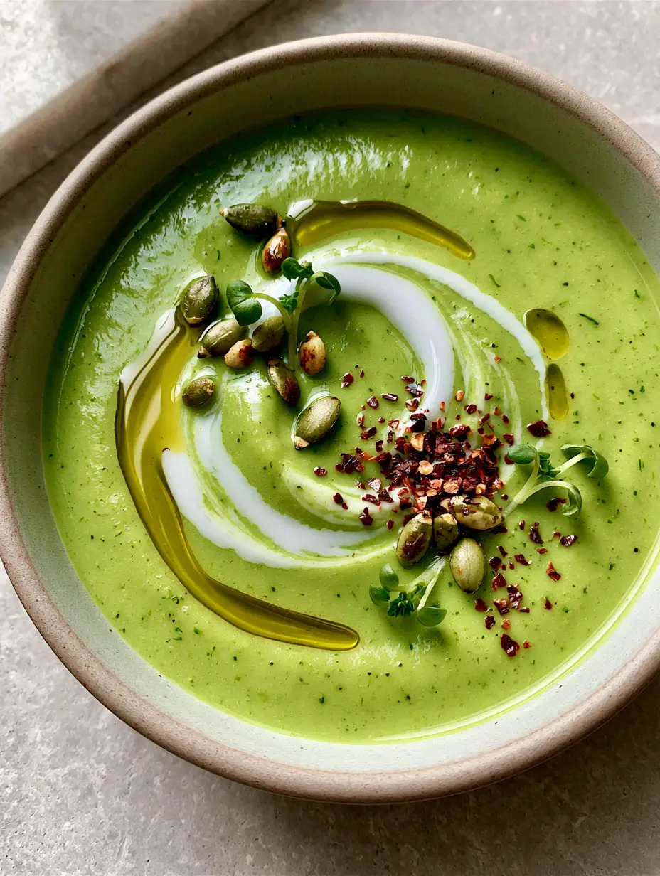 Top-down view of a silky bright green zucchini soup recipe with coconut milk marble effect and toasted pumpkin seeds.