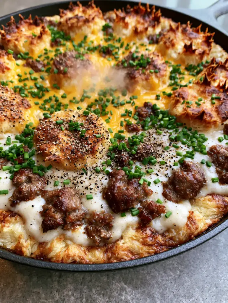 A high-angle shot of rising steam from a freshly baked Biscuits and gravy pie with bubbling cheese.
