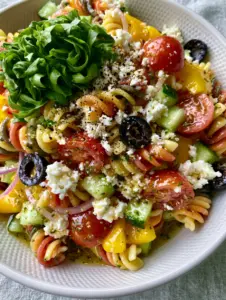 Macro overhead view of Summer Pasta Salad with glistening herb vinaigrette and fresh basil chiffonade. (Summer Pasta Salad)