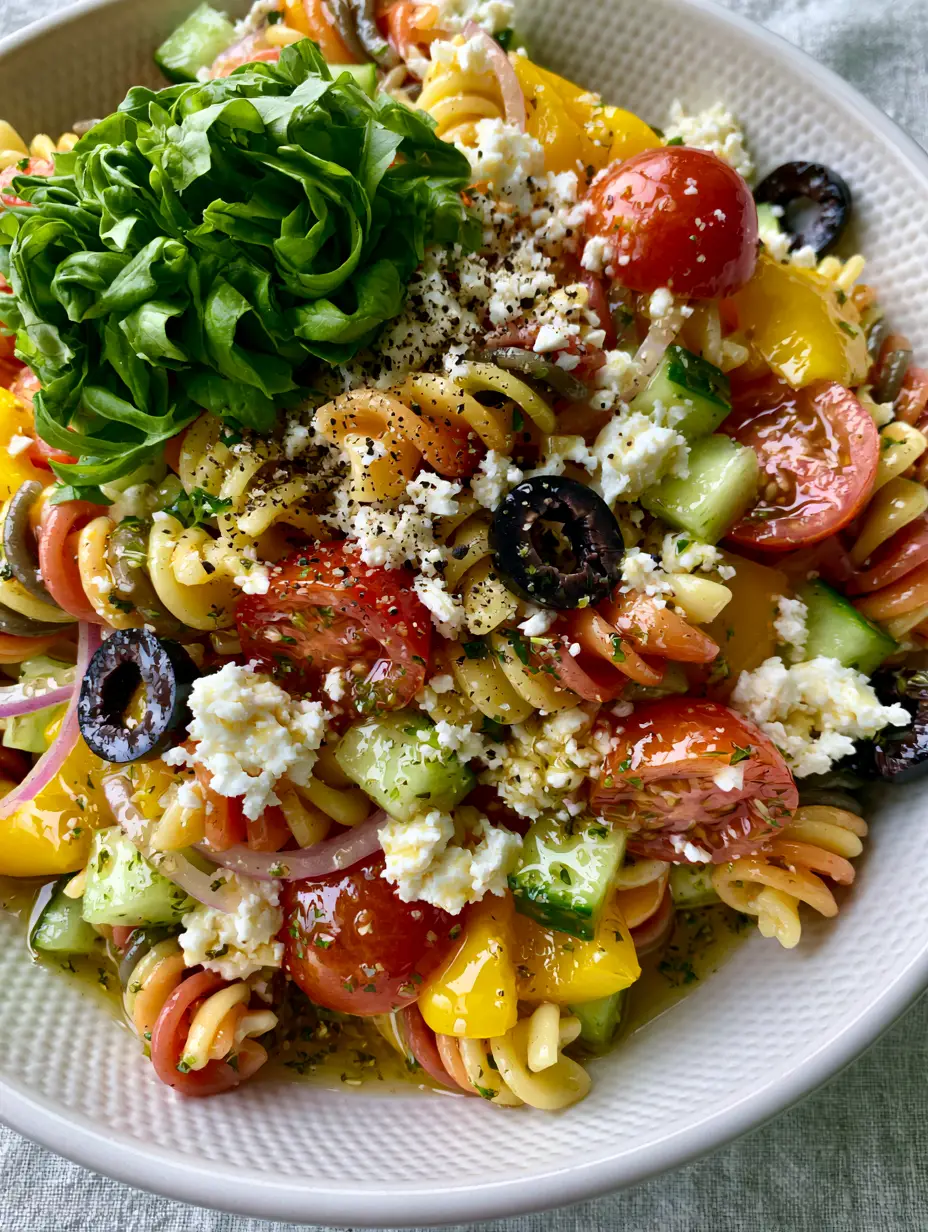 Macro overhead view of Summer Pasta Salad with glistening herb vinaigrette and fresh basil chiffonade. (Summer Pasta Salad)