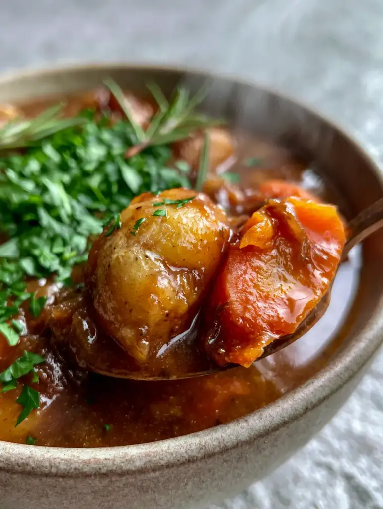 Overhead view of a rustic ceramic bowl containing vegetable stew recipe garnished with fresh parsley.