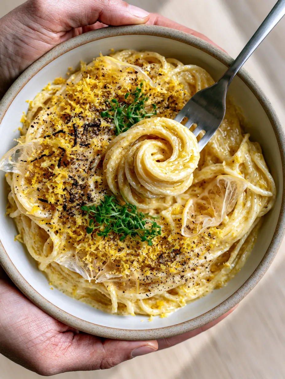 A close-up of a person holding a bowl of summer pasta with a fork lifting a glossy swirl of spaghetti. (summer pasta)