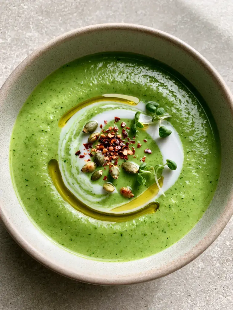 Close-up of zucchini soup recipe showing micro-basil, red chili flakes, and golden olive oil droplets.