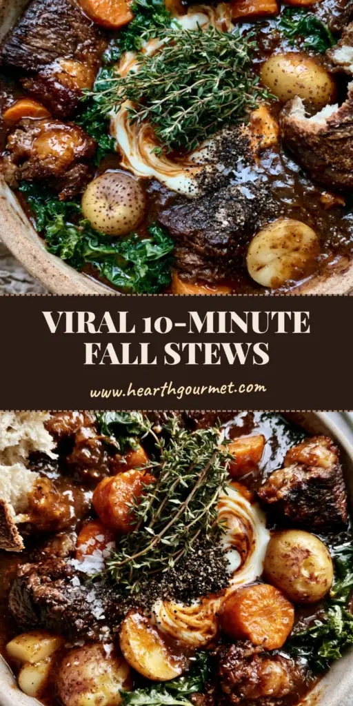 A rustic pot of harvest beef stew with mahogany gravy, carrots, and kale, representing the best of fall soups and stews.