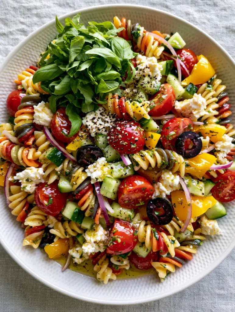 Close up of al dente tri-color rotini pasta mixed with crumbled feta and sliced kalamata olives in a Summer Pasta Salad.