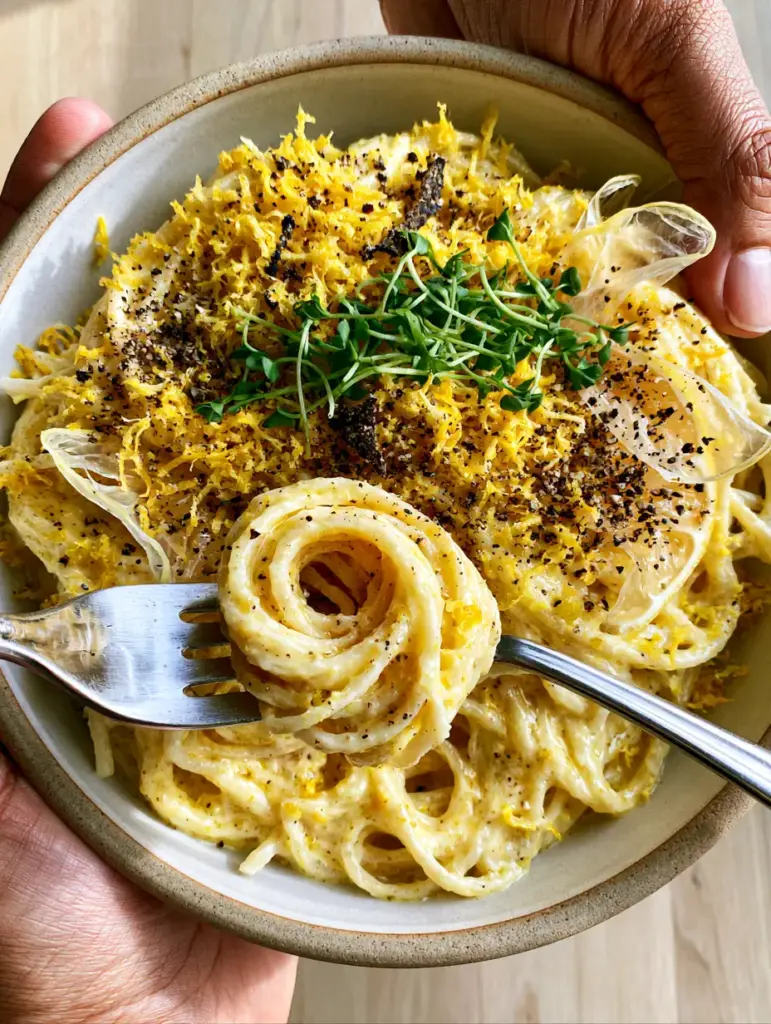 High-angle shot of summer pasta showing translucent lemon slices and micro-herbs under natural sunlight. (summer pasta)