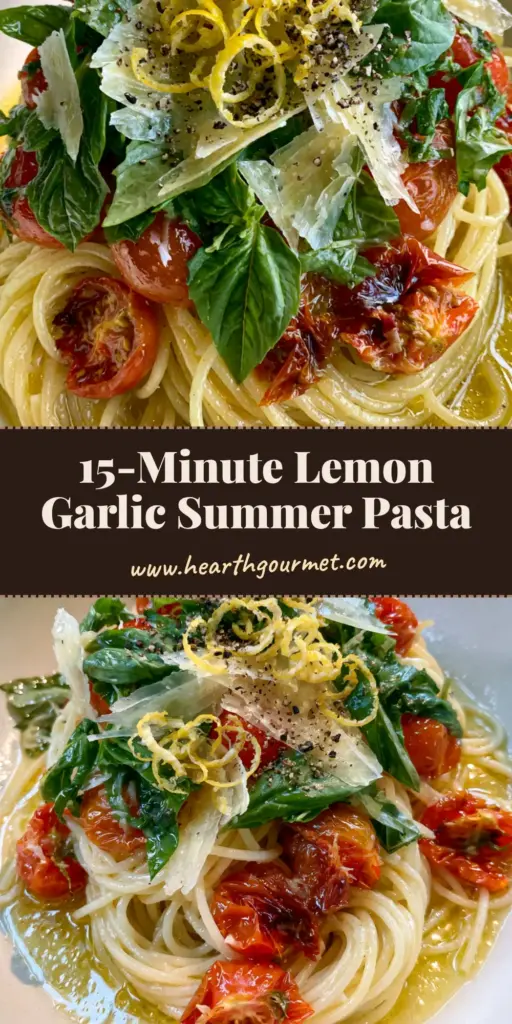 A swirling nest of spaghetti with blistered cherry tomatoes, fresh basil, and shaved parmesan in a white bowl. (Summer Pasta Recipe)