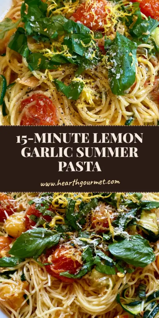 A shallow ceramic bowl filled with vibrant lemon garlic summer pasta recipes featuring blistered tomatoes and zucchini ribbons under natural sunlight.