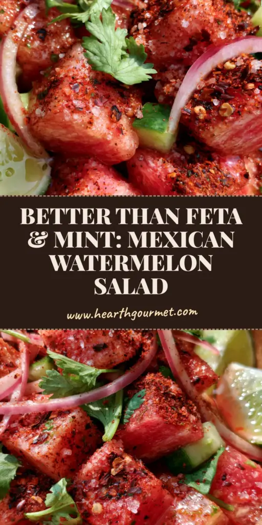 A rustic terracotta bowl filled with cold Mexican watermelon salad featuring red cubes, Tajin seasoning, and lime wedges. (Mexican watermelon salad)