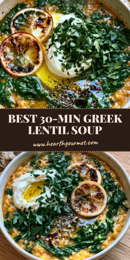 A top-down view of a rustic white bowl of Mediterranean lentil soup with charred lemons, spinach, and a dollop of Greek yogurt.