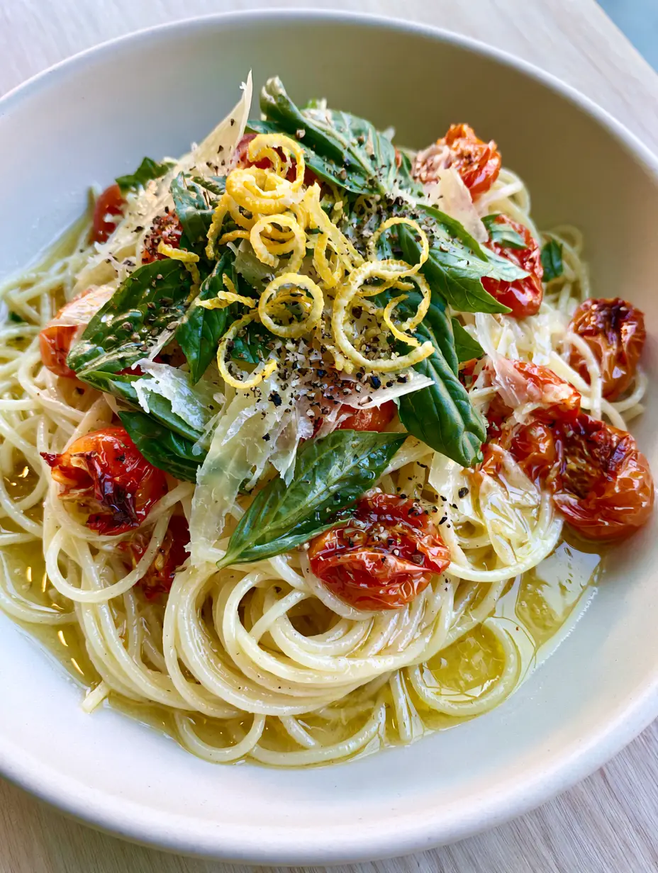 Close-up of blistered cherry tomatoes and translucent golden garlic butter sauce on spaghetti. (Summer Pasta Recipe)