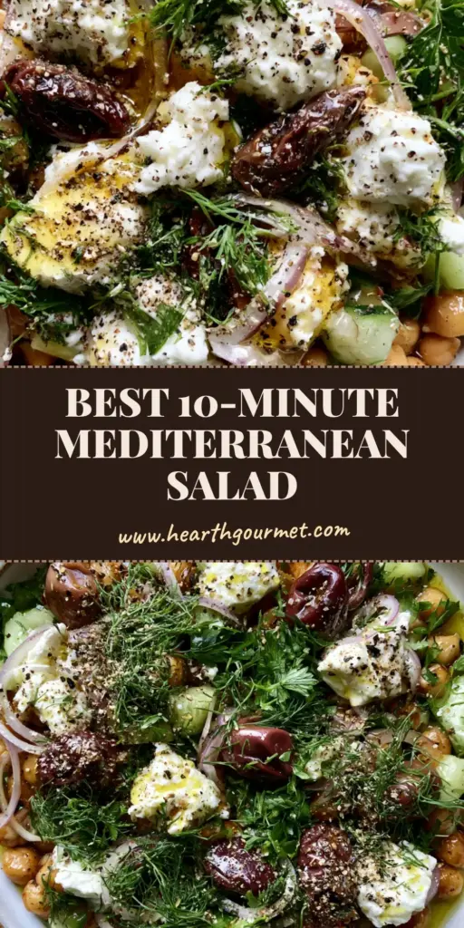 A top-down Pinterest-optimized shot of Mediterranean Feta Salad in a white bowl featuring chickpeas, cucumber, and creamy feta. (Mediterranean Feta Salad)