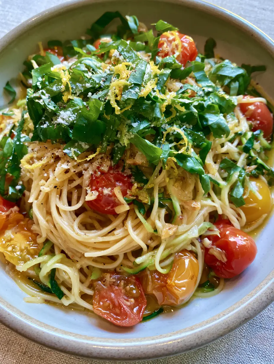 Close up photo of glistening spaghetti with golden lemon-garlic oil, red and yellow blistered tomatoes, and green basil. (summer pasta recipes)