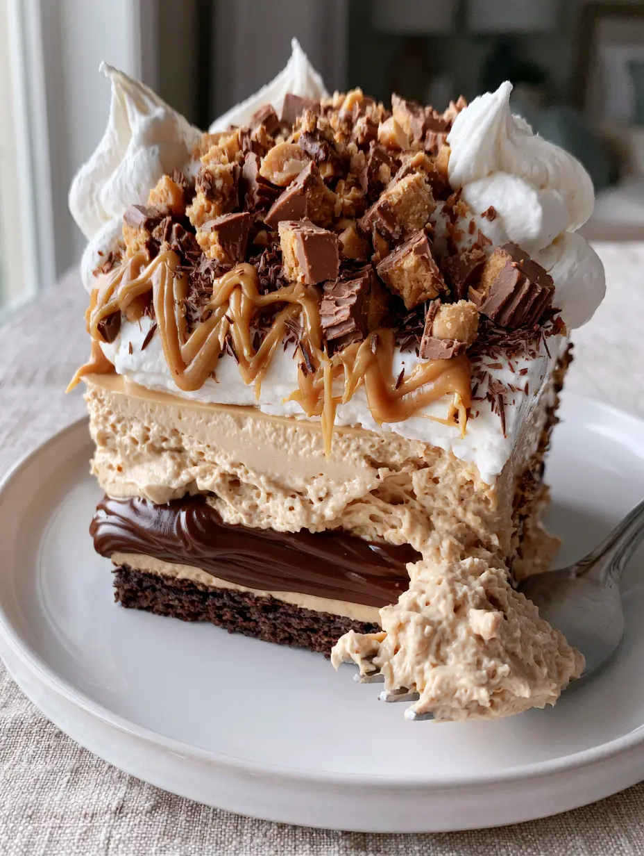 A side profile of Peanut Butter Lasagna on a white plate showing the fluffy tan mousse and glossy dark chocolate layers under natural sunlight.