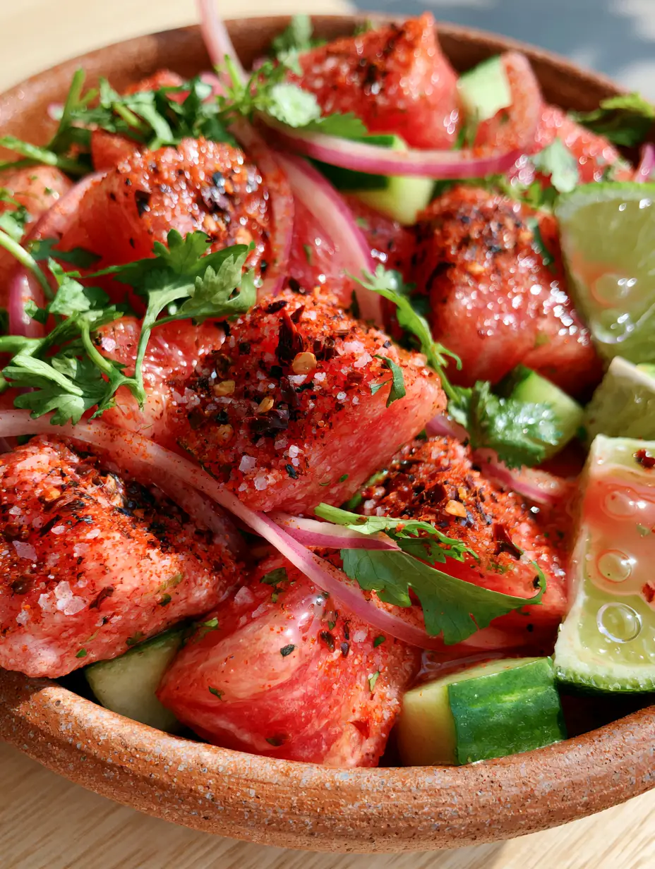 Extreme macro shot of glistening watermelon cubes dusted with chili flakes in a Mexican watermelon salad. (Mexican watermelon salad)