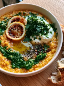 Close up handheld photo of thick golden-orange Mediterranean lentil soup with bright green spinach and cracked black pepper.