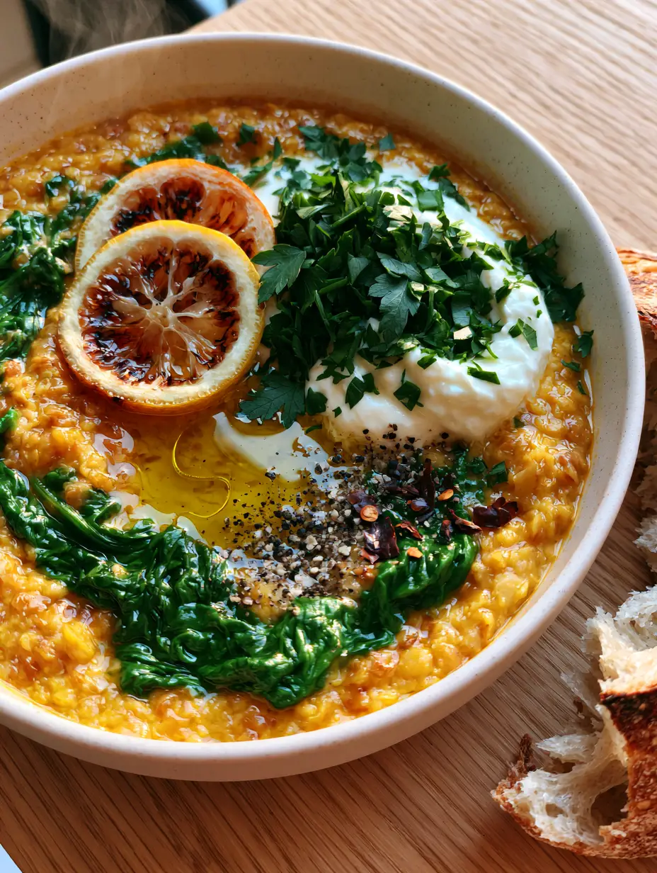 Close up handheld photo of thick golden-orange Mediterranean lentil soup with bright green spinach and cracked black pepper.