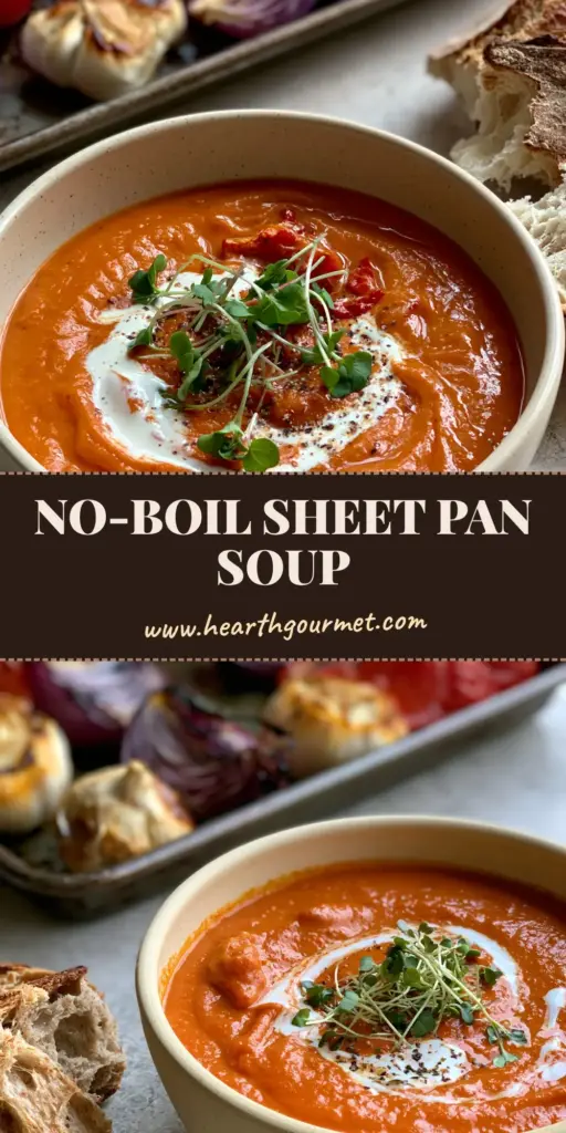 A top-down view of a vibrant orange sheet pan soup in a cream bowl with a heavy cream swirl, micro-greens, and crusty sourdough bread.