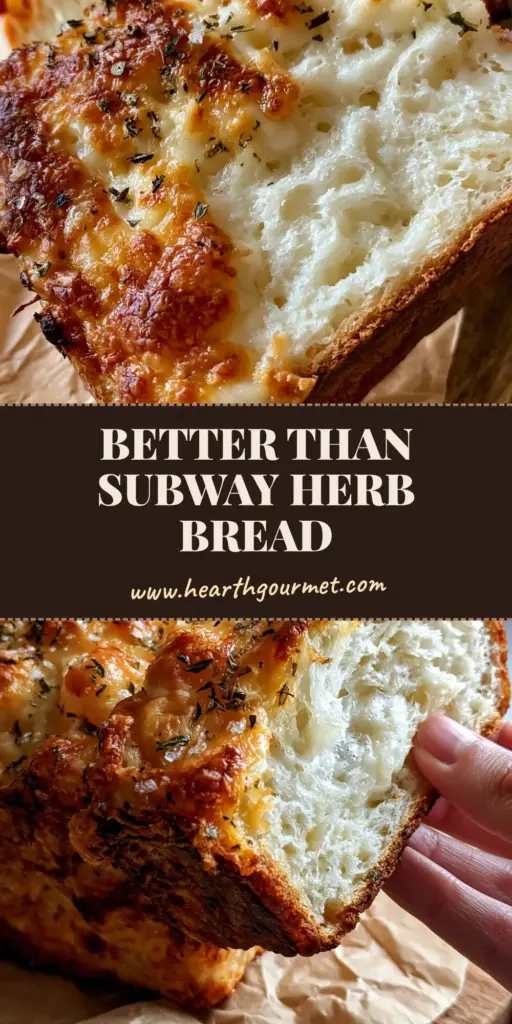 A thick slice of Italian herb and cheese bread being pulled away from a loaf on parchment paper. (Italian herb and cheese bread)