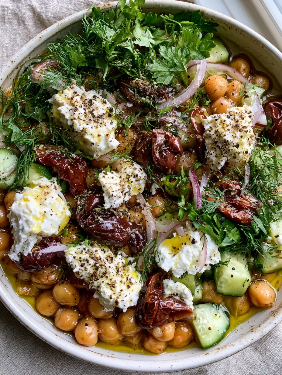 A macro top-down shot showing the glossy marinated chickpeas and creamy feta crumbles in the Mediterranean Feta Salad. (Mediterranean Feta Salad)
