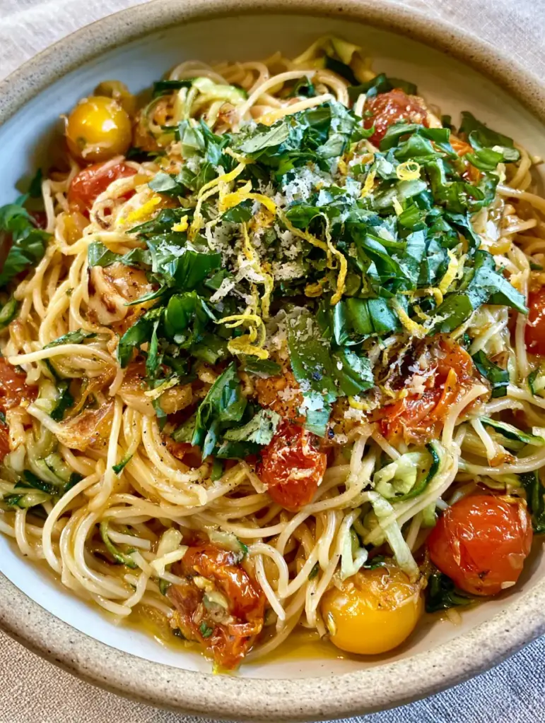 Overhead view of a messy-chic summer pasta recipes bowl with shaved zucchini ribbons and micro-planed parmesan cheese.