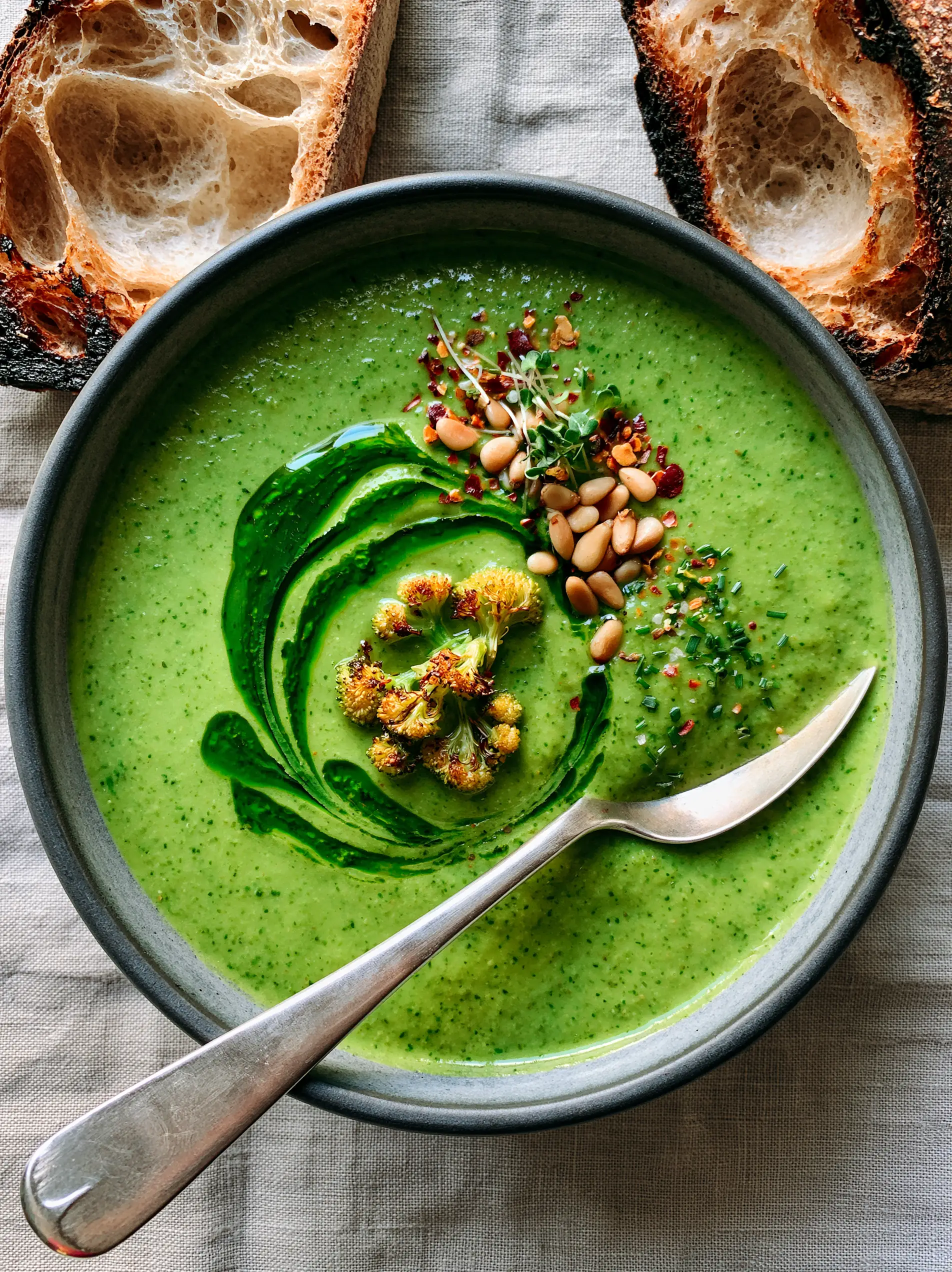 Close up of smooth broccoli potato soup texture with a silver spoon and sourdough bread side. (broccoli potato soup)