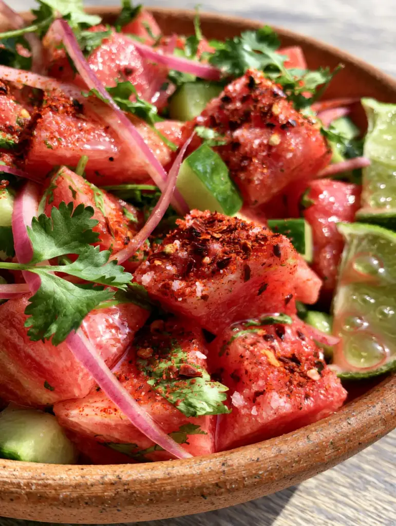 A close-up of Mexican watermelon salad showing thin red onion slivers and fresh cilantro leaves.