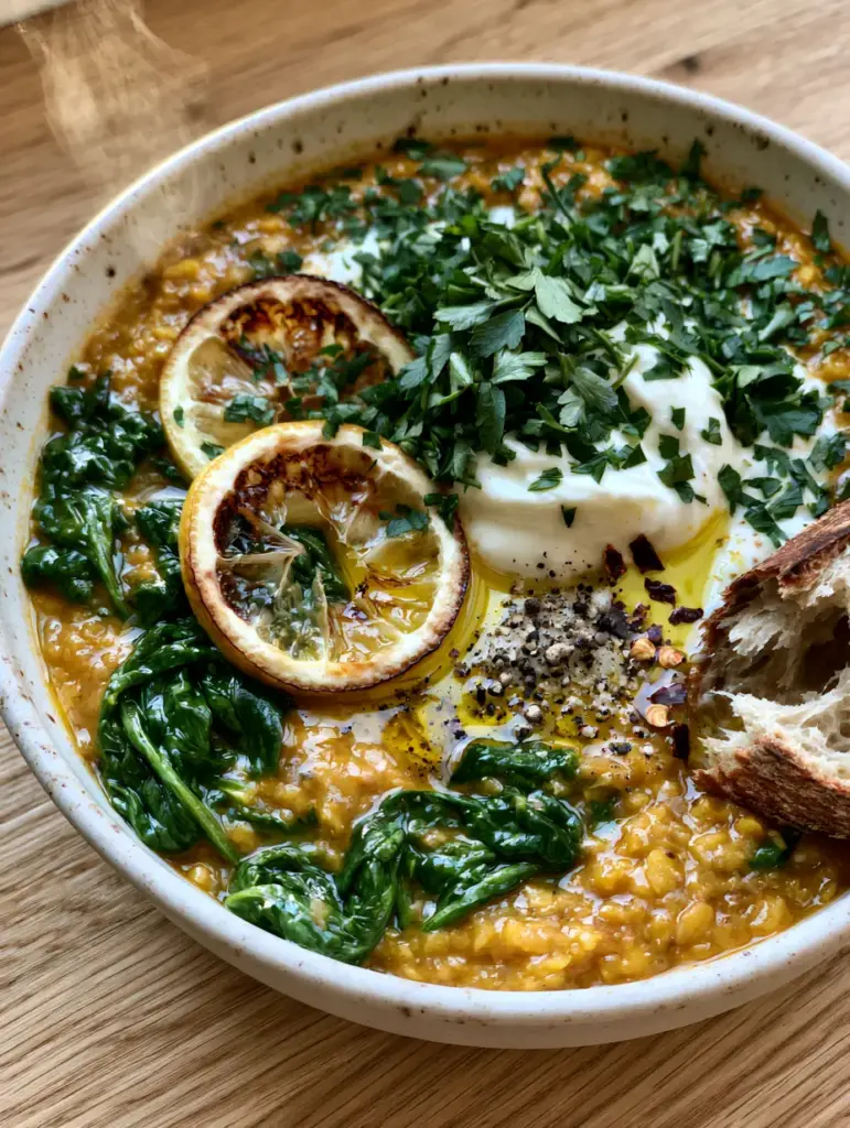 A bowl of Mediterranean lentil soup on a light oak table next to a piece of torn, crusty sourdough bread.