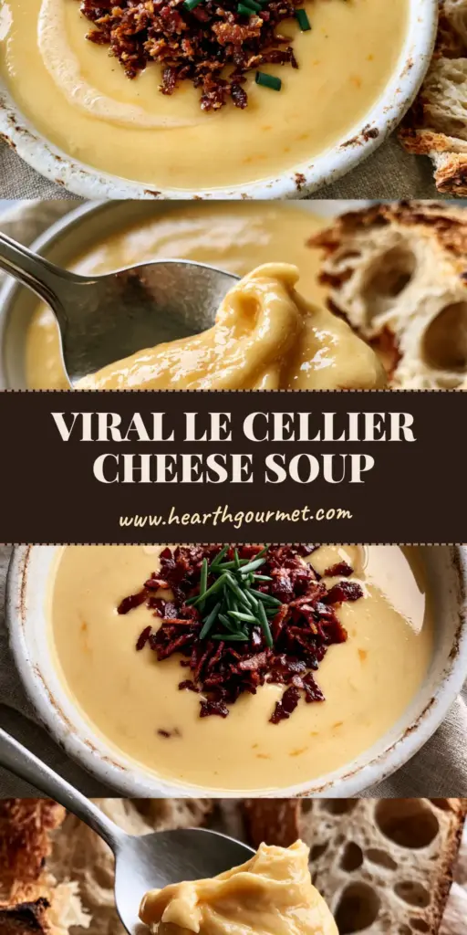 Canadian Cheese Soup: The Ultimate Velvety Cheddar and Craft Beer Experience 4 A top-down view of a rustic white bowl filled with pale-gold Canadian Cheese Soup topped with mahogany bacon and chives next to sourdough bread.