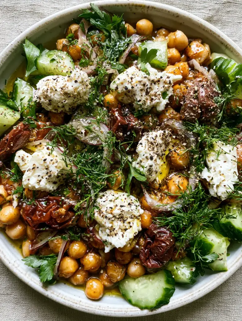Vibrant Mediterranean Feta Salad with fresh torn dill and cracked black pepper in a rustic bowl.