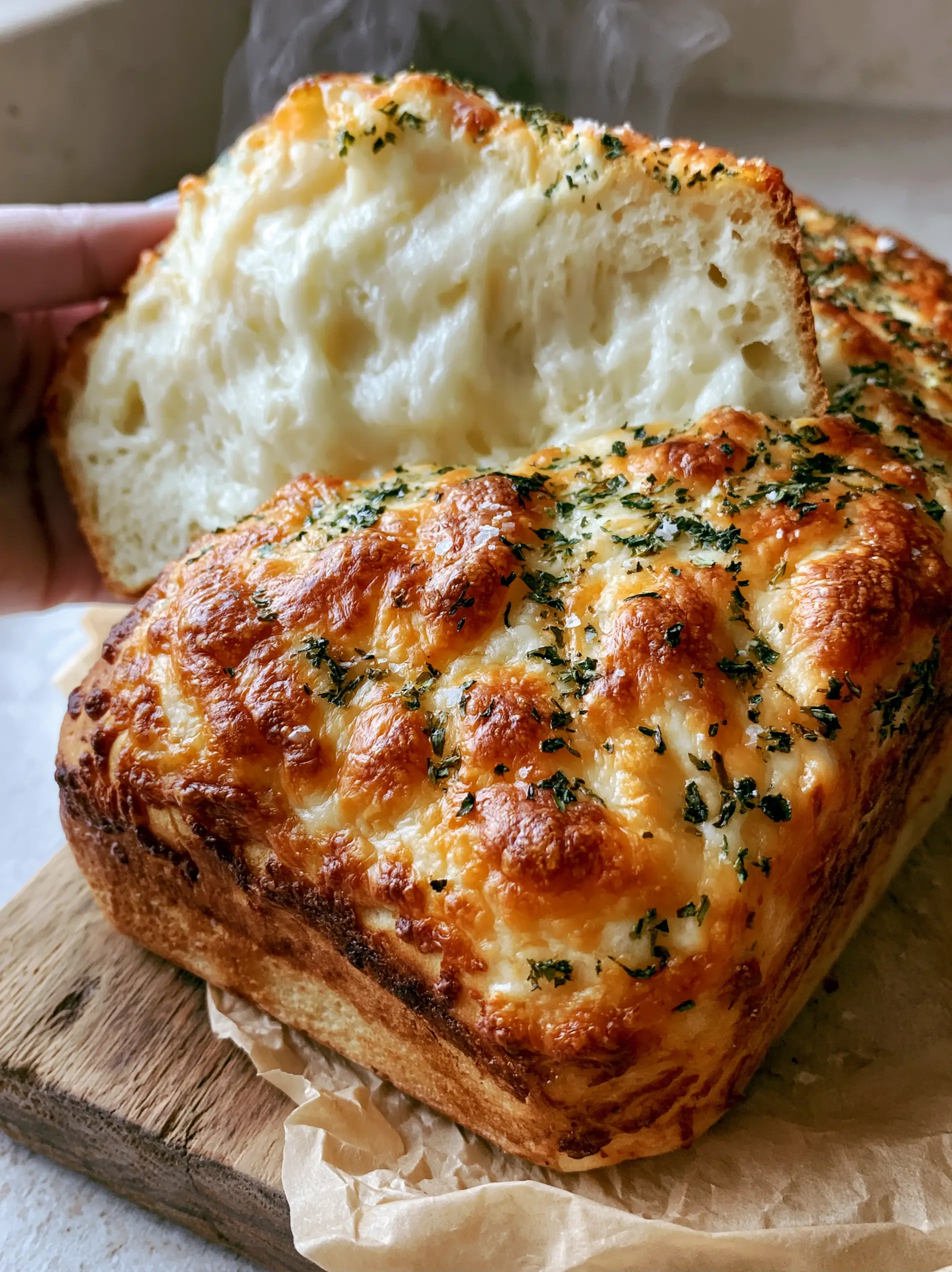 Close up of the toasted cheese crust with visible oregano and basil flakes on Italian herb and cheese bread.