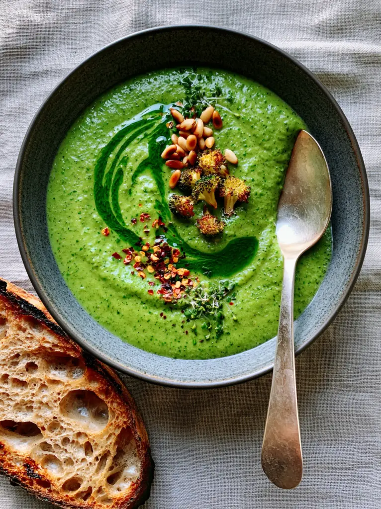 Top down shot showing the herb oil swirl and charred broccoli garnish on broccoli potato soup.