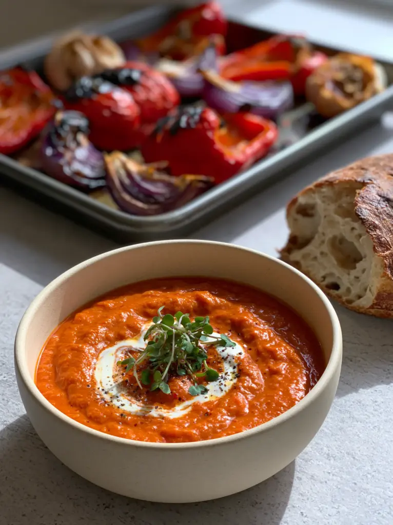 Blurred background showing a dark metal sheet pan with charred red peppers and caramelized onions next to a bowl of soup.