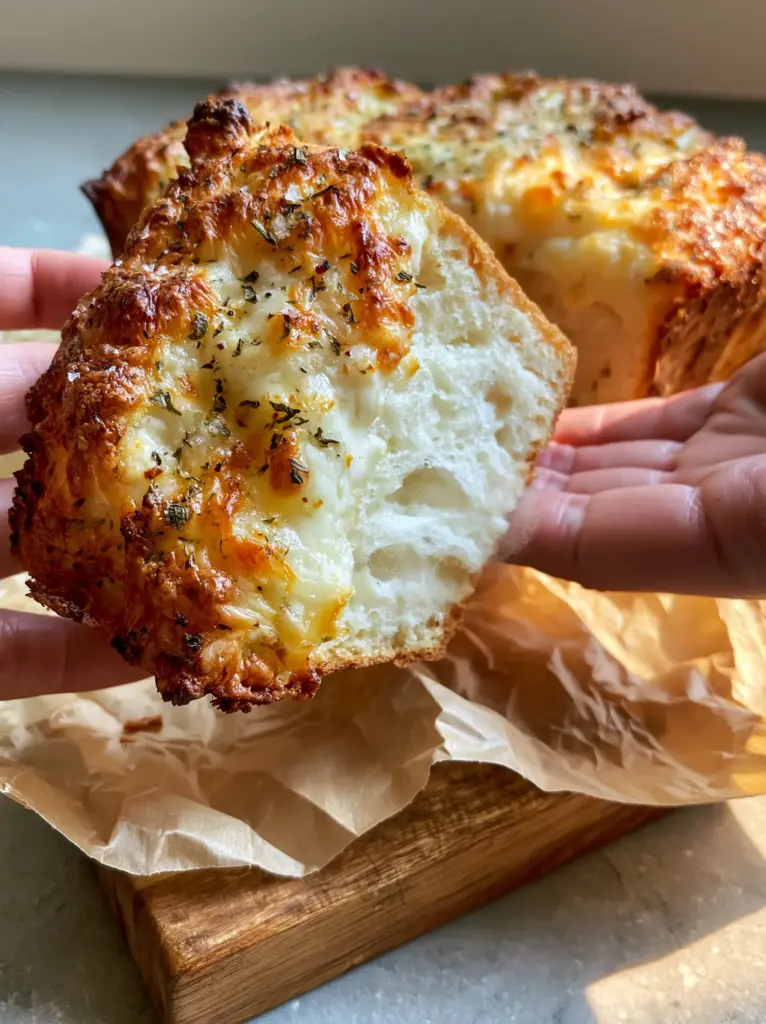 Slices of Italian herb and cheese bread showing the brilliant white, airy interior crumb.