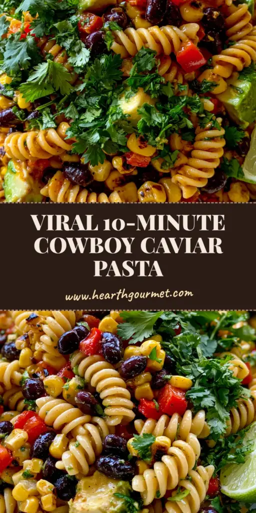 Cowboy Caviar Pasta Salad with Zesty Lime Vinaigrette 4 A vibrant Cowboy Caviar Pasta Salad in a wide white ceramic bowl featuring charred corn, black beans, and avocado. (Cowboy Caviar Pasta Salad)