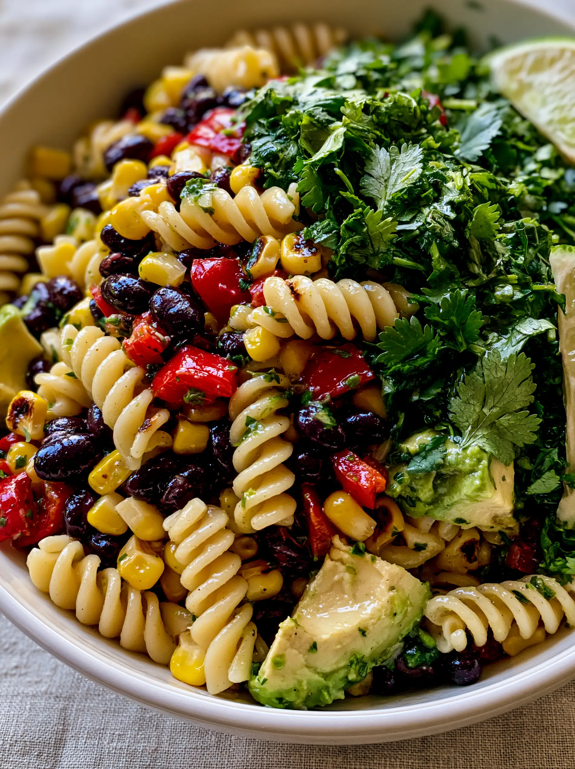 Cowboy Caviar Pasta Salad with Zesty Lime Vinaigrette 3 Macro photography of rotini pasta coated in lime vinaigrette with black beans and red peppers. (Cowboy Caviar Pasta Salad)