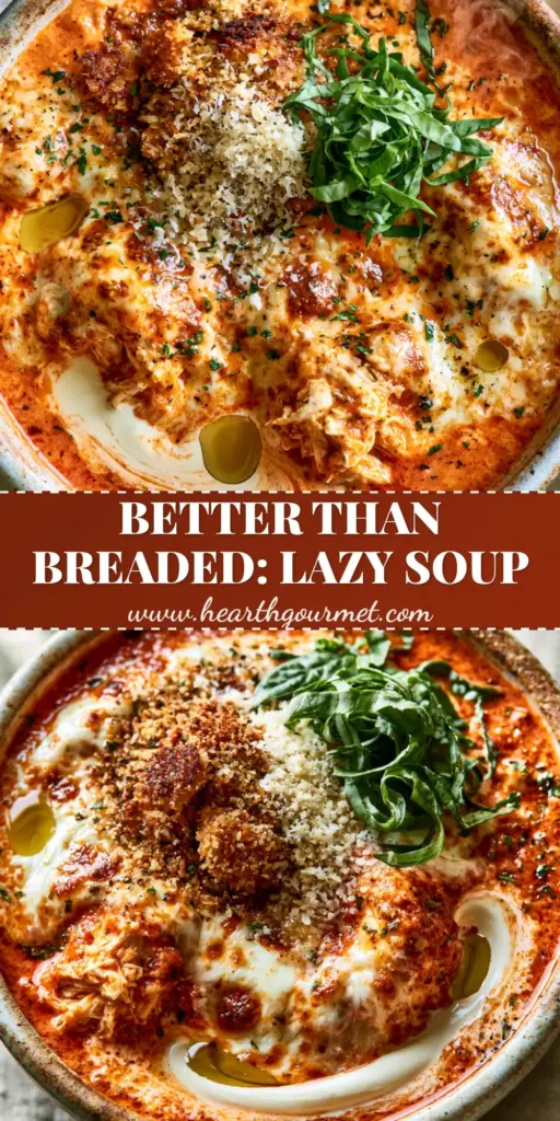 A rustic ceramic bowl of Crockpot Chicken Parmesan Soup with bubbly melted cheese, golden panko, and fresh basil.