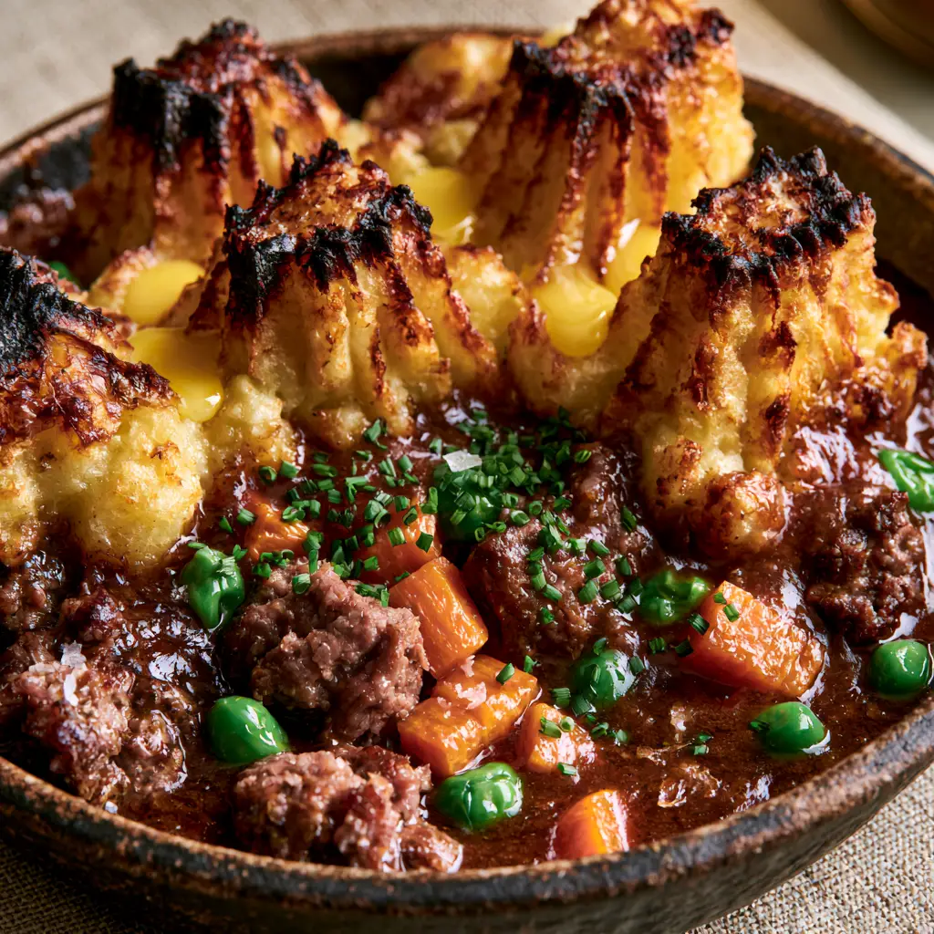 Detailed shot of Shepherd's Pie gravy clinging to browned ground beef, emerald peas, and orange carrots under crispy mashed potatoes.