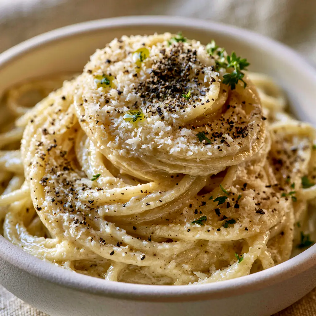 Italian pasta recipes: Silk-Textured Spaghetti with Emulsified Butter and Herb Oil 2 Macro shot of glossy, silk-textured spaghetti drenched in a golden-cream sauce with cracked pepper. (Italian pasta recipes)