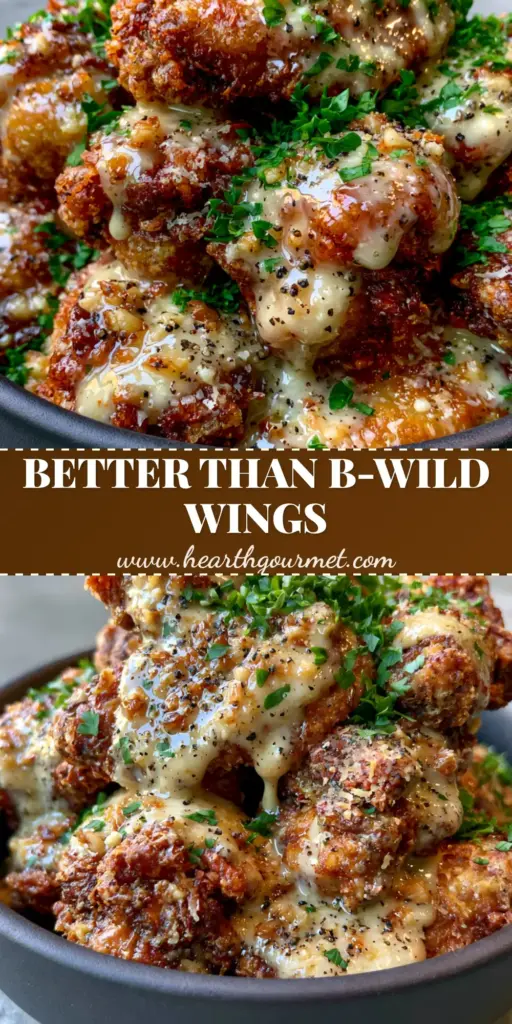 A heap of golden-brown garlic parmesan sauce wings in a matte black bowl with fresh parsley garnish.