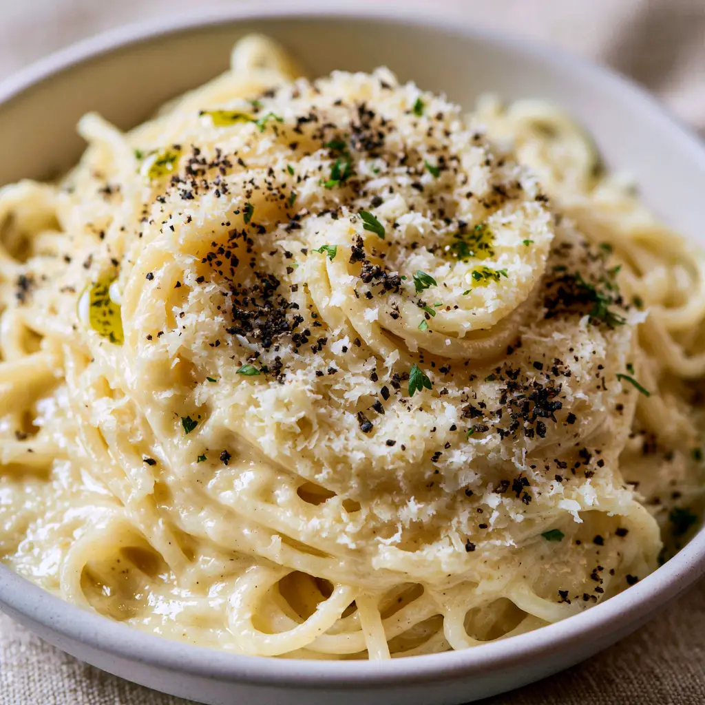 Italian pasta recipes: Silk-Textured Spaghetti with Emulsified Butter and Herb Oil 1 Close-up of snow-like micro-planed parmesan and emerald herb oil droplets on a pasta nest.